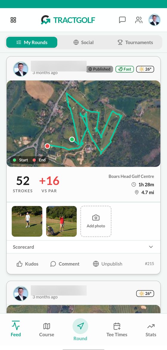 TractGolf round feed showing a GPS route over a course map, strokes, score against par, time, distance and photos